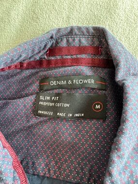 Denim & Flower Men's Navy Shirt with Burgundy Dot Pattern